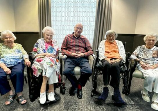 The current members of the 100+ Centenarians Club at Silver Maples of Chelsea.                                   Left to right:  Libby Sutherland, Delores Goulet, Dick Roller, Bertha Holmstrand, Henrietta (Babe) Elgas