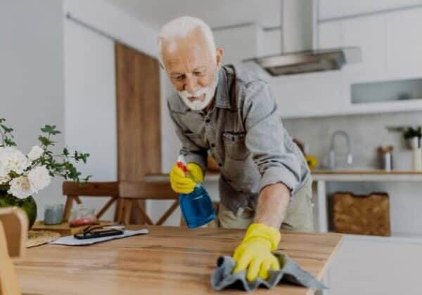 Senior man cleaning his house