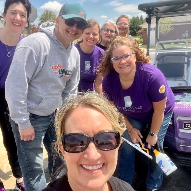 On a beautiful spring afternoon, members of the leadership team spent the day washing exterior windows throughout our Villas neighborhood as part of a Spring Clean Blitz. Armed with buckets, squeegees, and a good sense of humor, they worked together to help make our community shine a little brighter.

At Silver Maples, we believe everyone plays a role in creating a beautiful place to call home—and sometimes that means getting a little soap on your sleeves! 💜