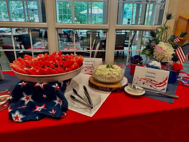 Our Fourth of July picnic buffet was a delicious success! Residents and staff showed off their American pride, dressed in festive red, white, and blue as they enjoyed grilled chicken, brats, and tender smoked beef brisket fresh from our very own smoker. ❤️🤍💙🇺🇸

A huge thank you to our culinary team for making the holiday extra tasty and memorable. A special thank you to Wild Bunch Florals for graciously donating flowers for our festive table decorations. ❤️